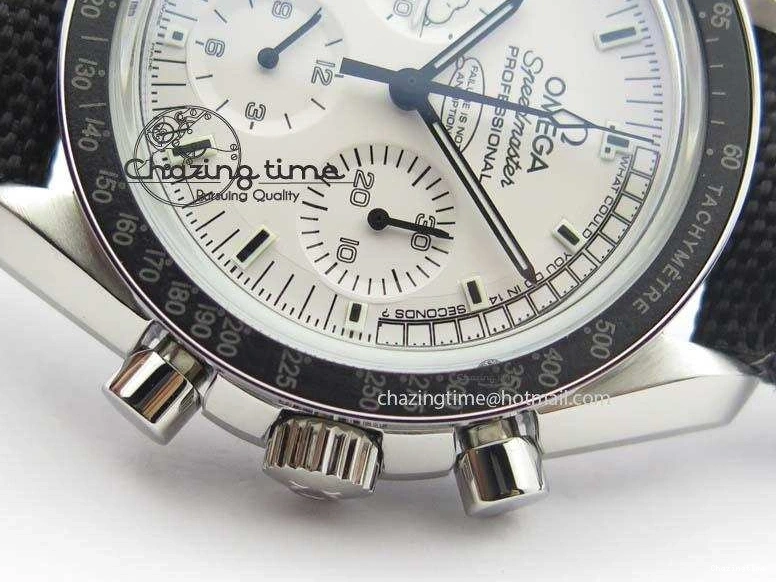 0202 TimelessDesign Speedmaster JHF SS Snoopy Award 45th Anniversary White Dial On Black Nylon Strap 8209